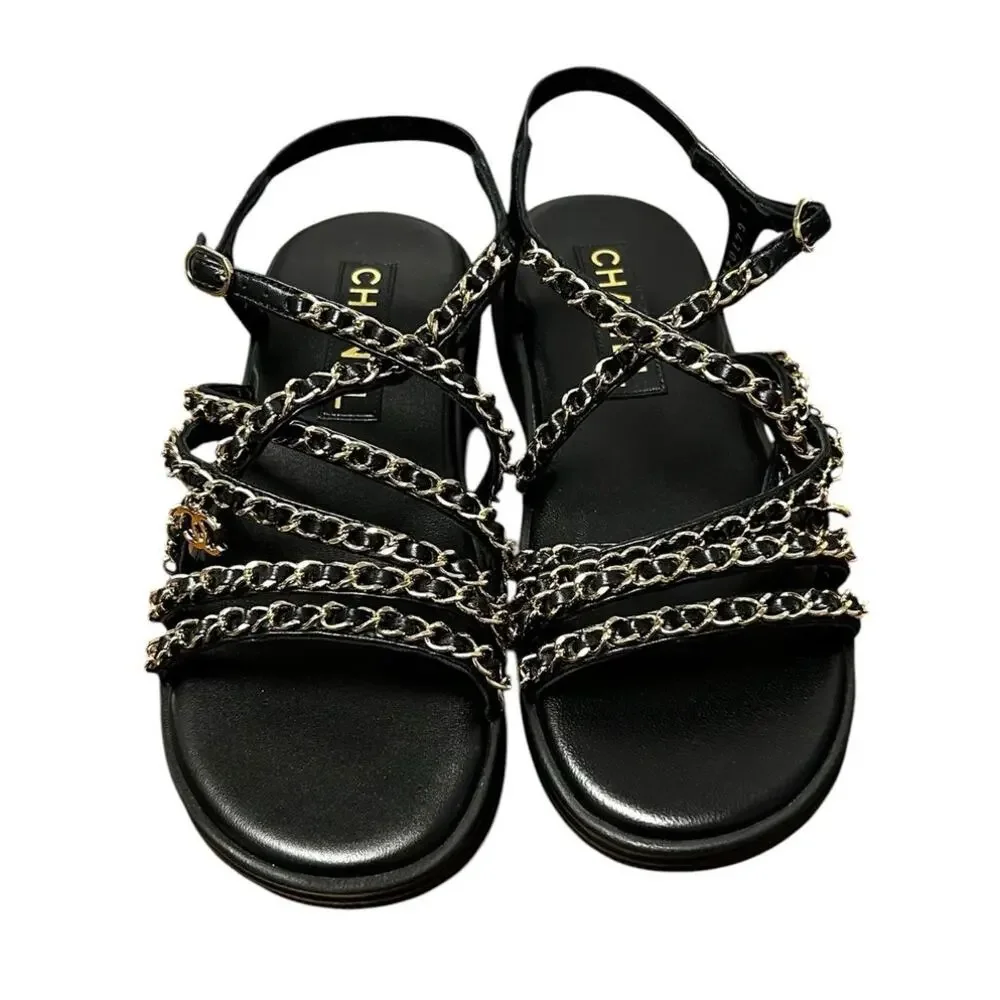 Chanel Black Gold Lambskin Leather Chain Slingback Sandals Womens 39 / US 9